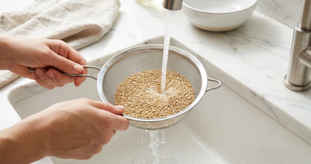 A close-up photograph of a person's hands holding a fine-mesh sieve filled with quinoa grains, rinsing them under running water from a kitchen faucet over a white sink.