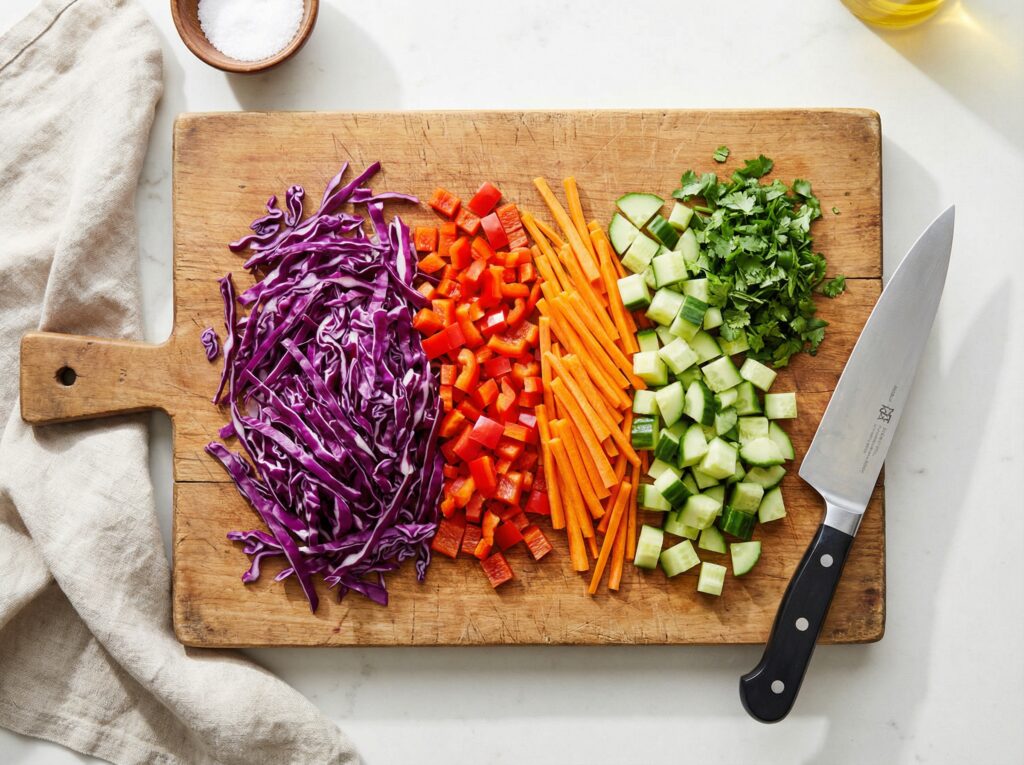 A top-down photograph of a rustic wooden cutting board with neatly arranged piles of chopped purple cabbage, diced red bell peppers, julienned carrots, chopped cucumber, and cilantro, with a chef's knife resting beside it.