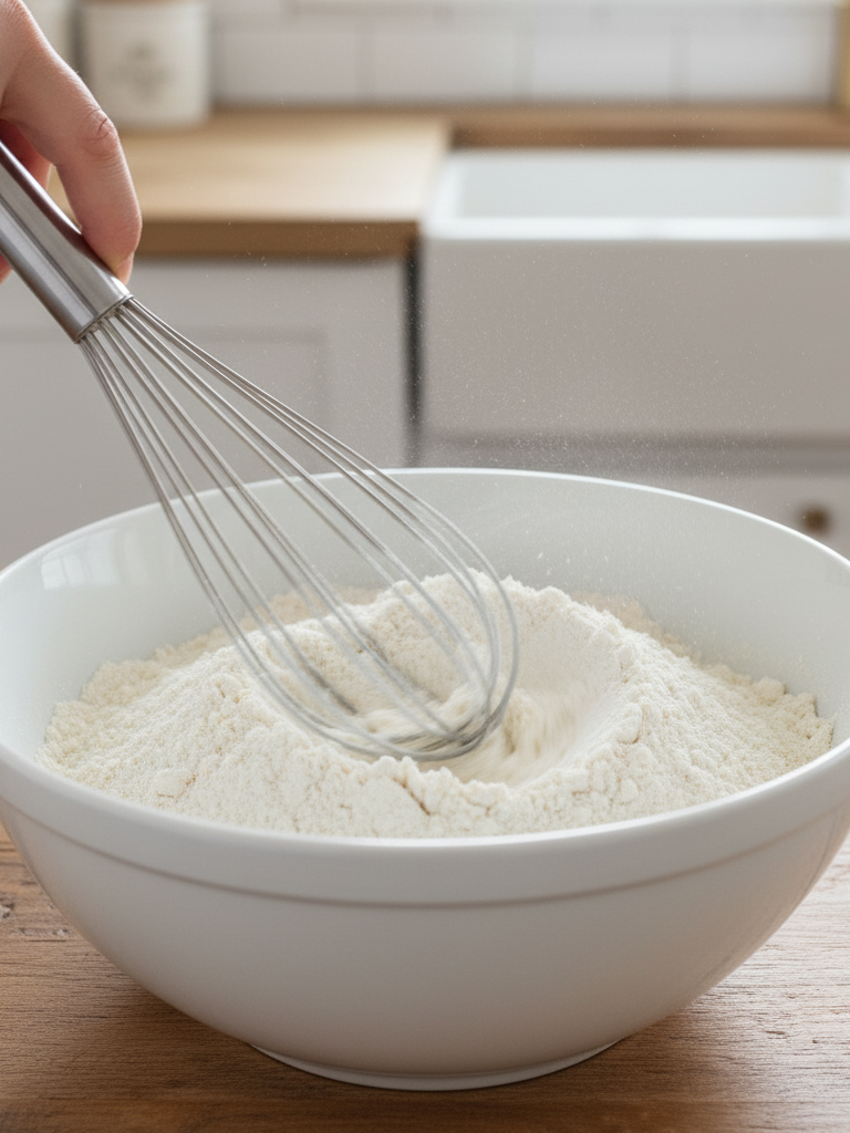close-up shot of the whisk actively combining the dry ingredients