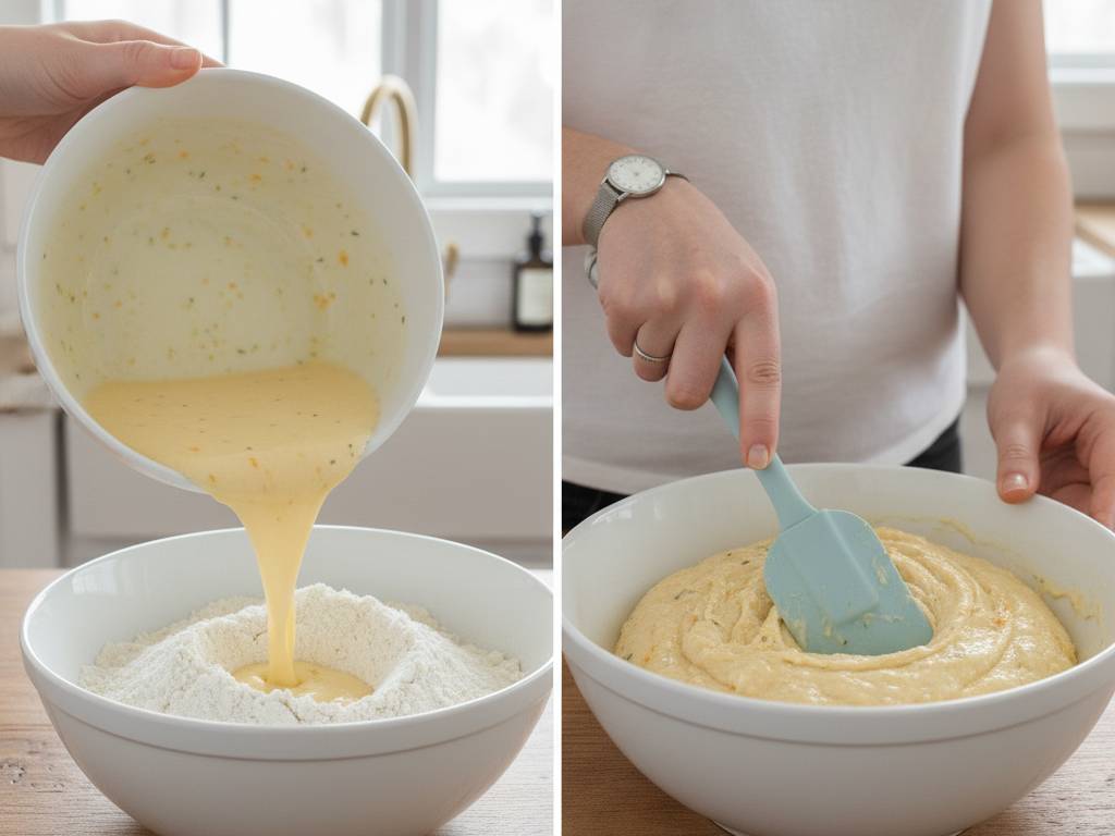shot showing the wet ingredients being poured into the dry, and then gently folded with a silicone spatula, keeping that slightly lumpy, not-overmixed texture