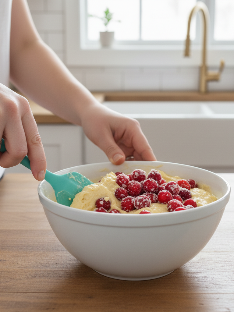 shot of the visibly floured cranberries being gently folded into the pale yellow batter with a spatula, ensuring their vibrant red color is distributed throughout
