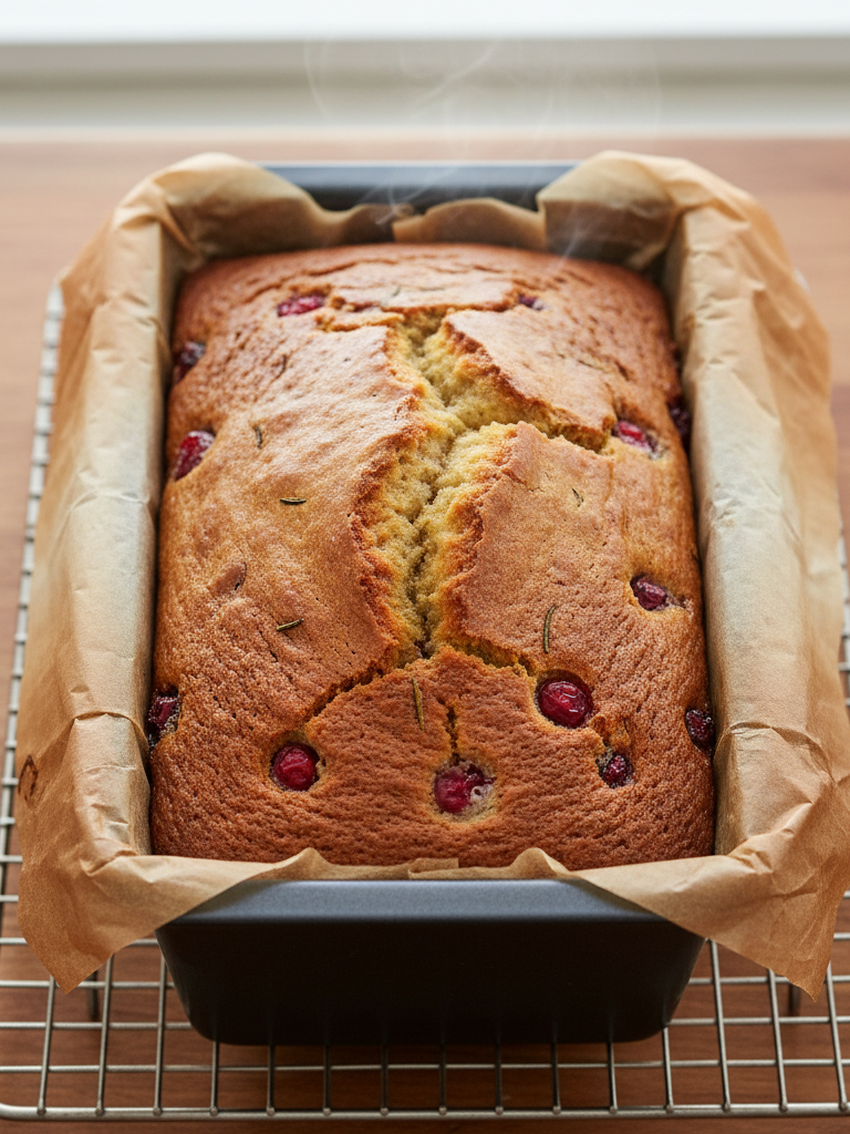 top-view shot of the golden-brown Rosemary-Infused Cranberry Orange Loaf Cake, fresh out of the oven and cooling in its pan on a wire rack