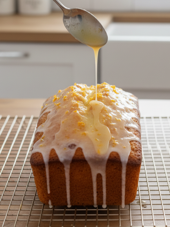 loaf cake fully cooled on a wire rack, and the lighter orange glaze being artfully drizzled over the top