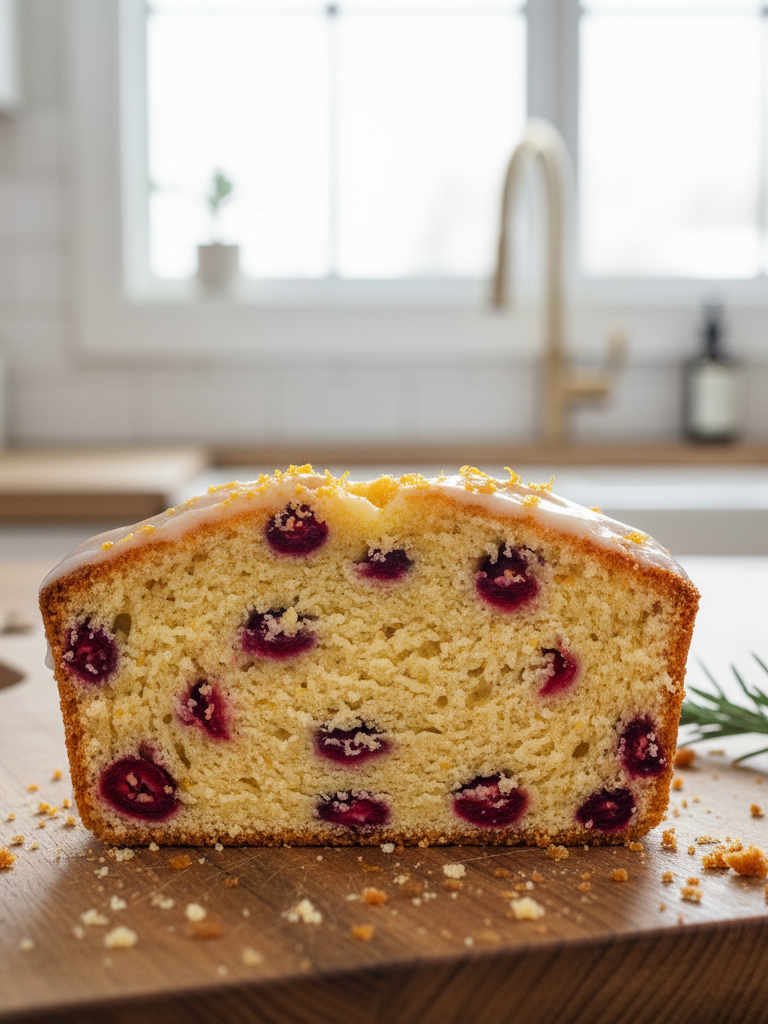 a beautifully sliced piece of the healthy Rosemary-Infused Cranberry Orange Loaf Cake, showcasing the vibrant cranberries, orange zest flecks, and moist, tender crumb