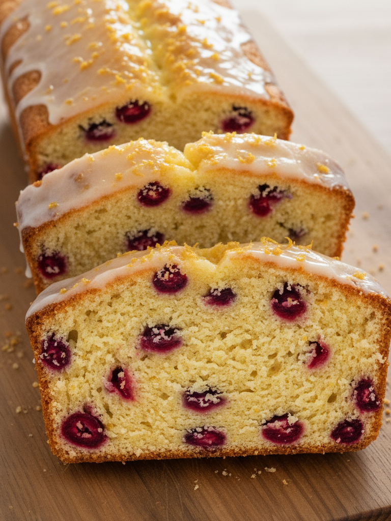 top-view close-up of the sliced Rosemary-Infused Cranberry Orange Loaf Cake, showcasing the beautiful crumb and vibrant cranberries