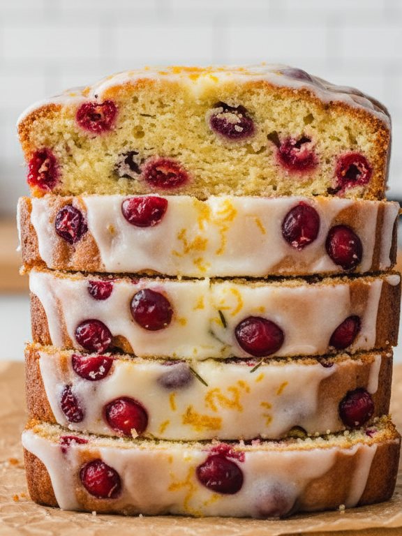 six stacked slices of the Rosemary-Infused Cranberry Orange Loaf Cake, presented close-up on parchment paper