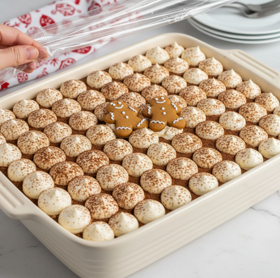 Assembled Tiramisu Ready to Chill. The beautiful, fully assembled, and garnished gingerbread tiramisu, ready to be covered and chilled overnight.