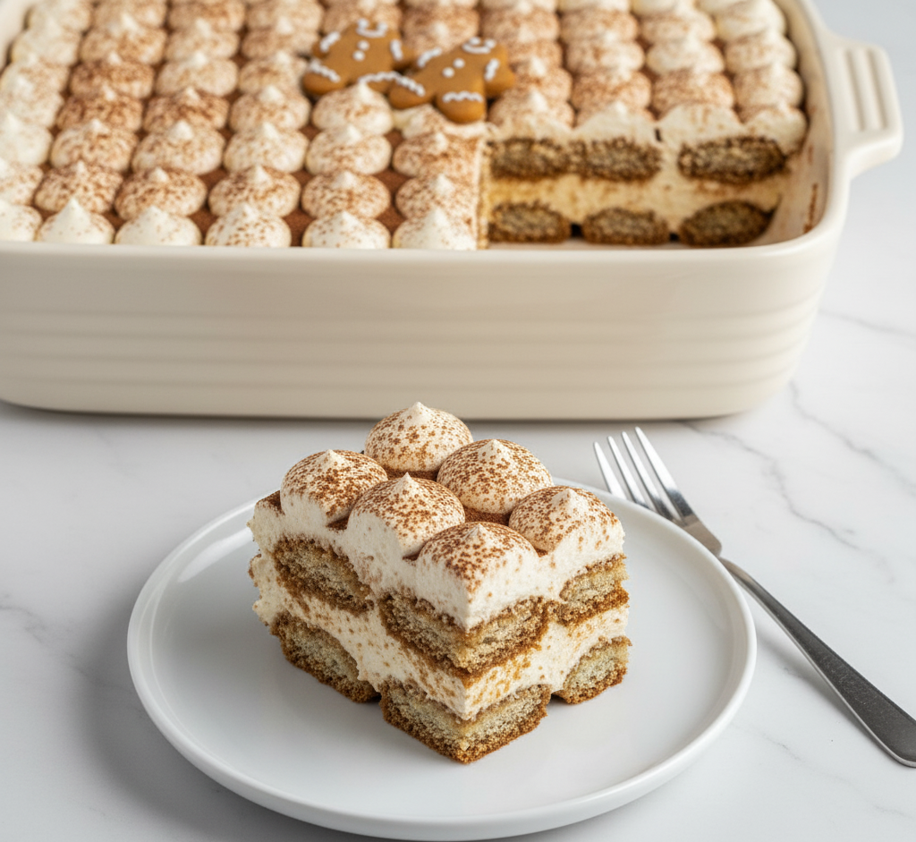 Slice of Healthier Gingerbread Tiramisu. Close-up of a perfectly cut slice showing the coffee-soaked ladyfinger layers and the thick, creamy gingerbread filling.