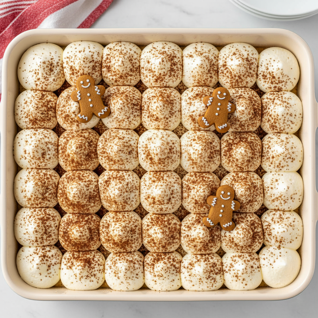 Healthier Gingerbread Tiramisu Hero Shot. The ultimate top-down view of the no-bake, lighter gingerbread tiramisu with cocoa dust and cookie garnish.