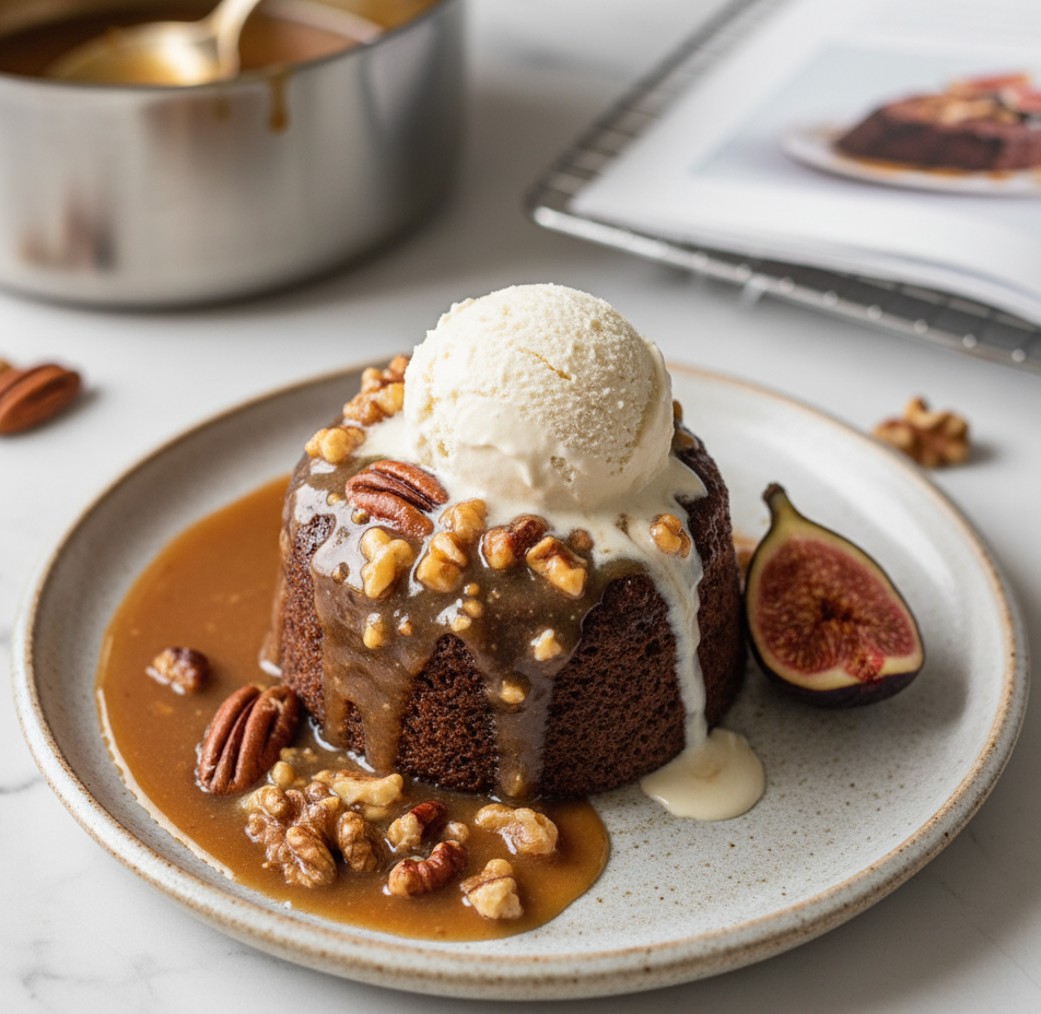 Enhanced Vegan Sticky Toffee Fig Pudding, showcasing a beautifully plated serving ready to enjoy.