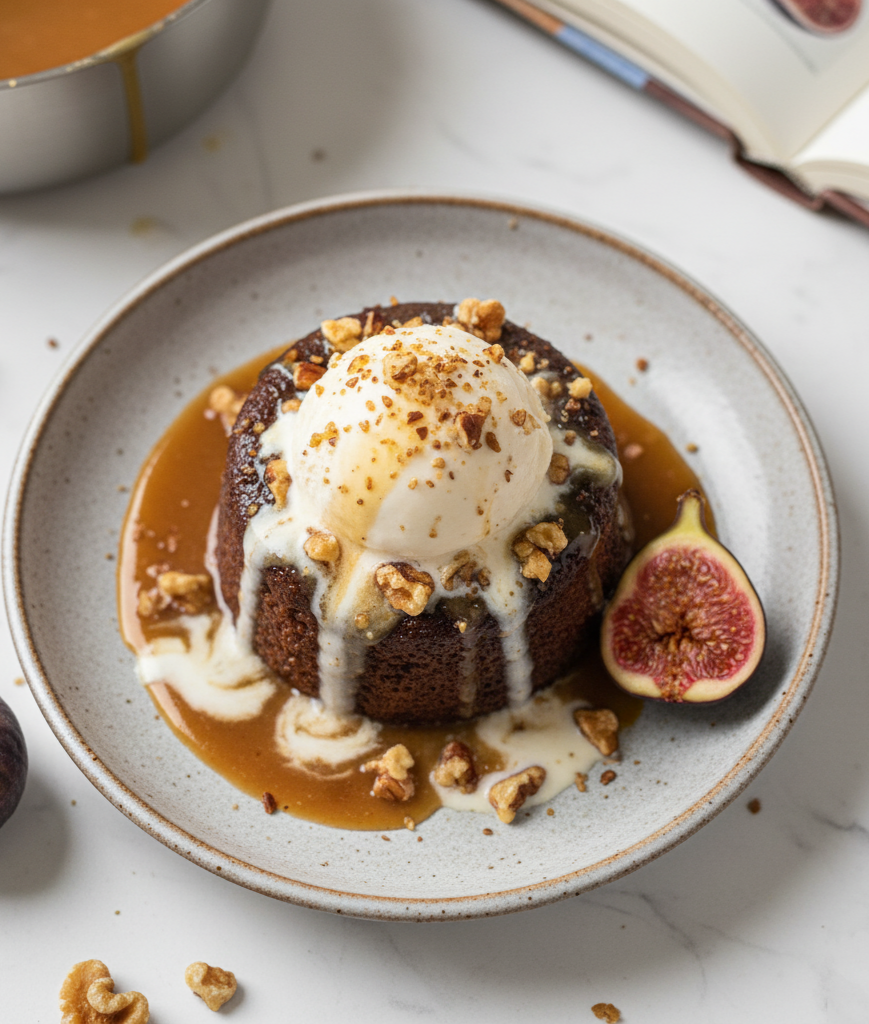 close-up, top-down hero shot of the Vegan Sticky Toffee Fig Pudding, highlighting the generous sauce, nuts, and perhaps a dollop of cream or ice cream, ready to be served