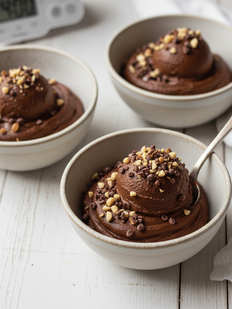 close-up, slightly angled shot that emphasizes the appealing depth and layers of the mousse, along with the scattered toppings, making it look incredibly inviting and ready to be enjoyed