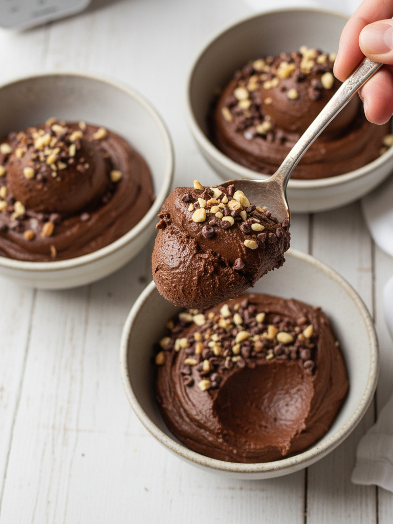 A hero shot focusing on the creamy, rich texture of the mousse, with a spoonful taken out to highlight it.