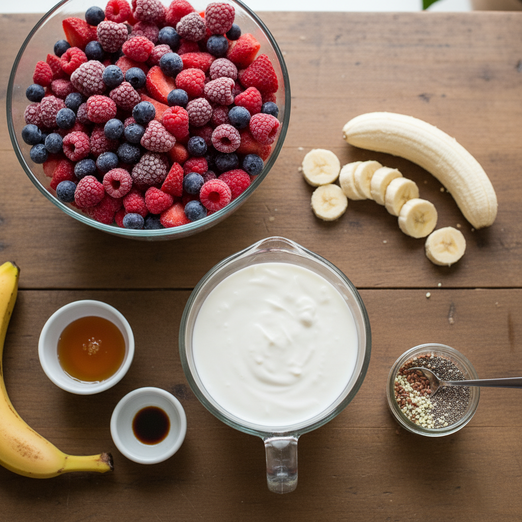 Add the kefir, frozen berries, frozen banana (if using), and your optional sweetener/flavor boosts to a high-powered blender.