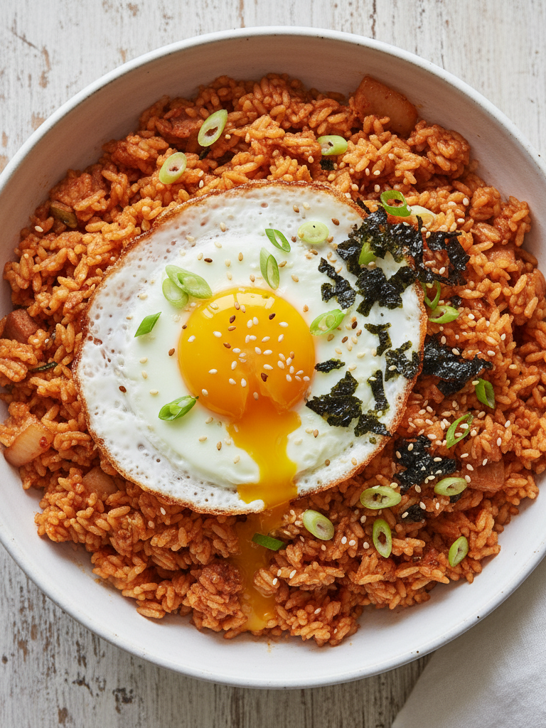 This beautifully plated, close-up, top-down shot showcases the completed Kimchi Fried Rice Bowl with all the delicious toppings,