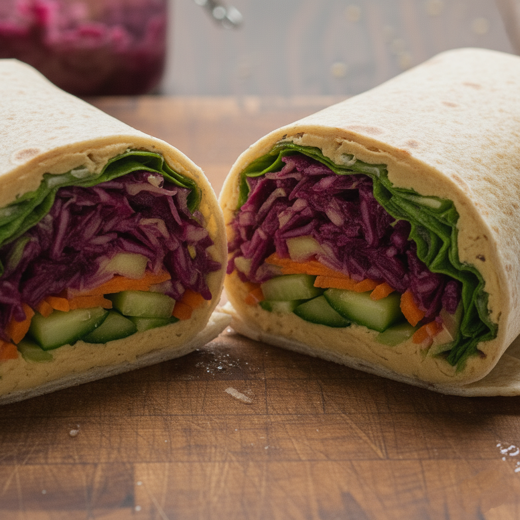 Fully rolled and tightly sliced Sauerkraut and Hummus Veggie Wrap placed diagonally on a cutting board, clearly showing the vibrant internal layers.