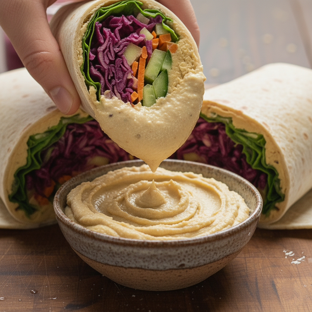 A hand holding a portion of the sliced veggie wrap, dipping the exposed, juicy end into a small bowl of creamy hummus.