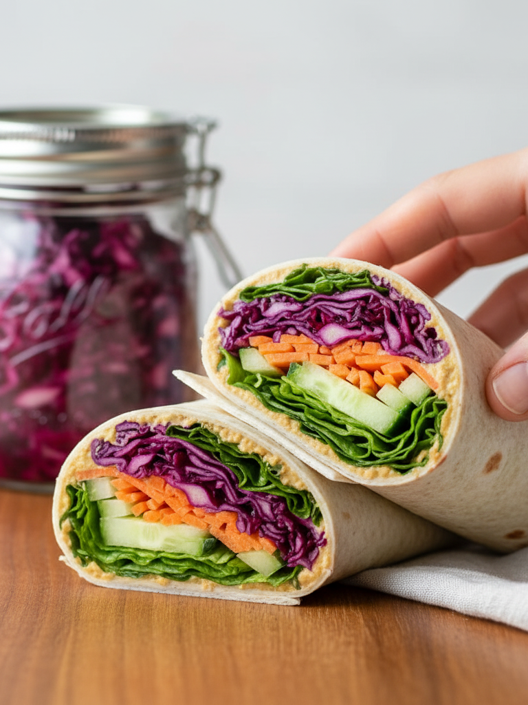 Eye-level hero shot of the sliced Sauerkraut and Hummus Veggie Wrap standing upright, showcasing the vibrant red sauerkraut and vegetable layers.