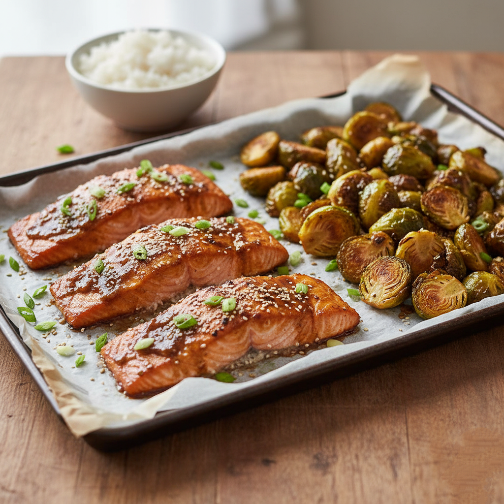Finished Sheet Pan Meal Finished sheet pan meal with four fillets of caramelized miso-glazed salmon, garnished with sesame seeds and scallions, alongside deeply roasted, crispy Brussels sprouts.