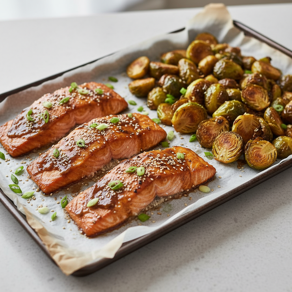 Hero Shot (Alternative) Dynamic, slightly angled overhead view of the full sheet pan featuring all the finished, garnished miso-glazed salmon fillets and roasted Brussels sprouts.