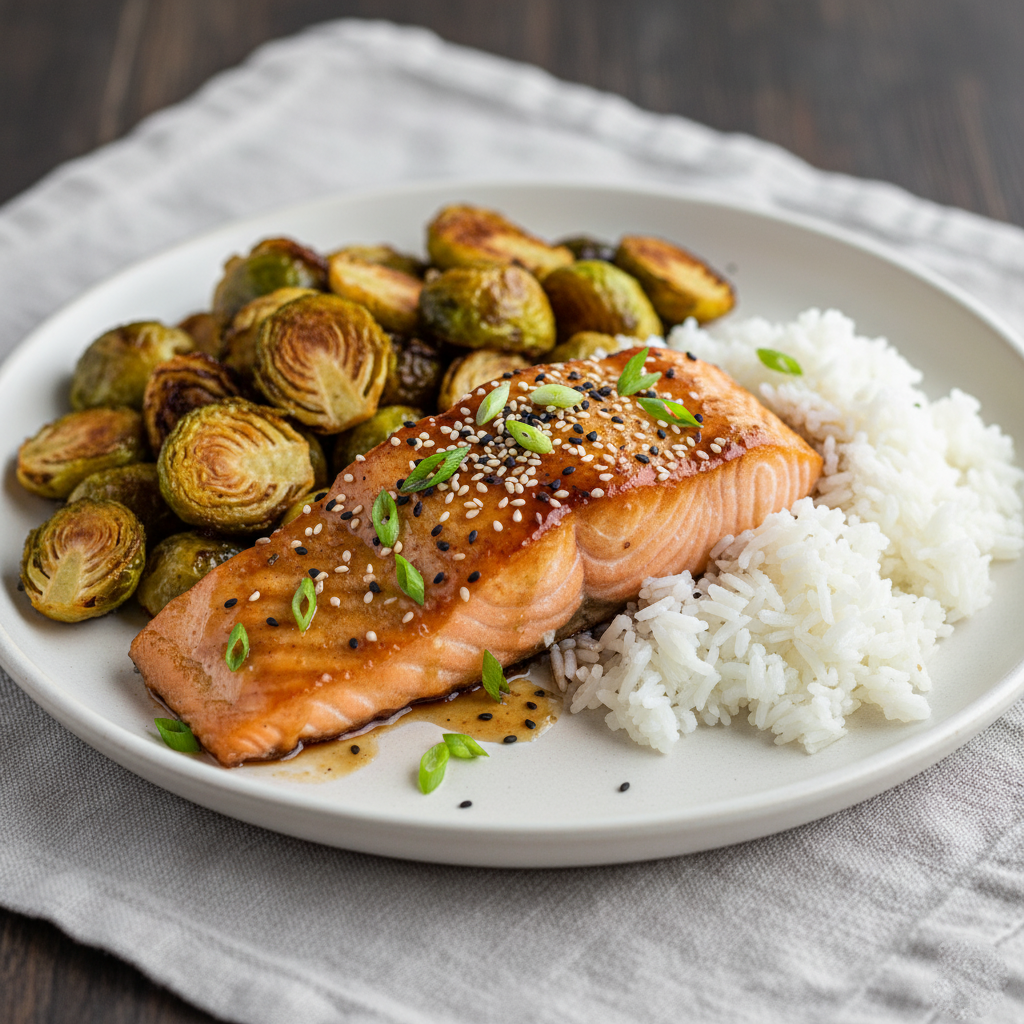 Plated Salmon Meal Elegantly plated serving of miso-glazed salmon and crispy Brussels sprouts next to a small portion of white rice.