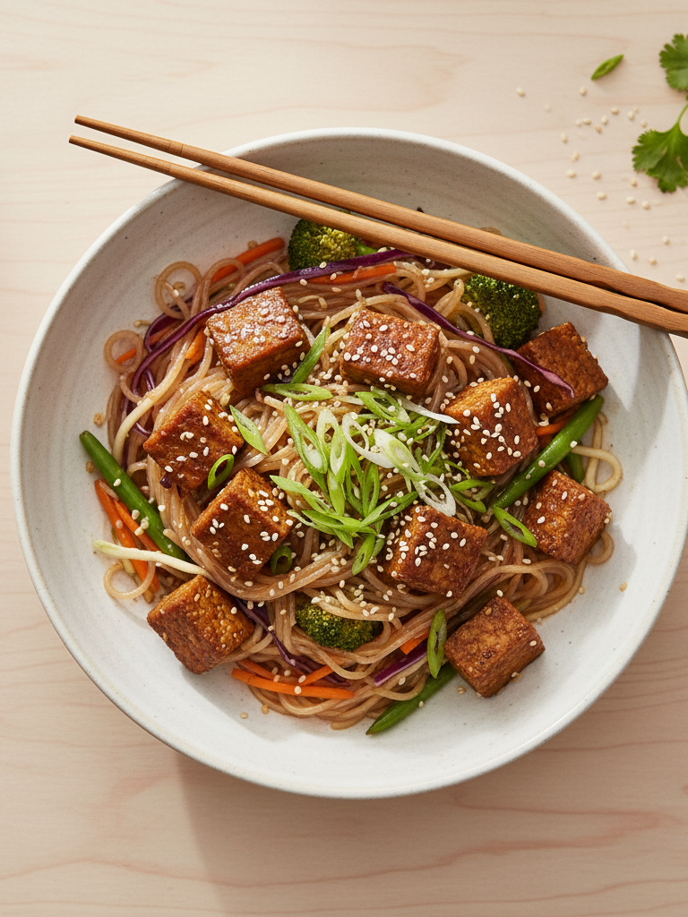 Beautifully styled overhead shot of a single serving of Tempeh Stir-Fry with Kelp Noodles in a white bowl, garnished with green onions and sesame seeds, with chopsticks resting on the bowl on a light wooden surface.