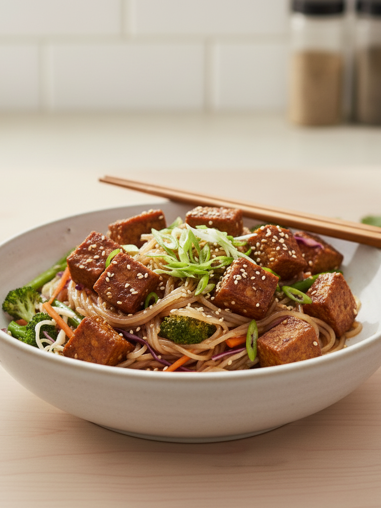Overhead shot of a white bowl of Tempeh Stir-Fry with Kelp Noodles, garnished with green onions and sesame seeds, with chopsticks resting on top. To the left is a small bowl of sesame seeds and fresh cilantro sprigs, and to the right, a wooden cutting board and a linen napkin, all on a light wooden surface.