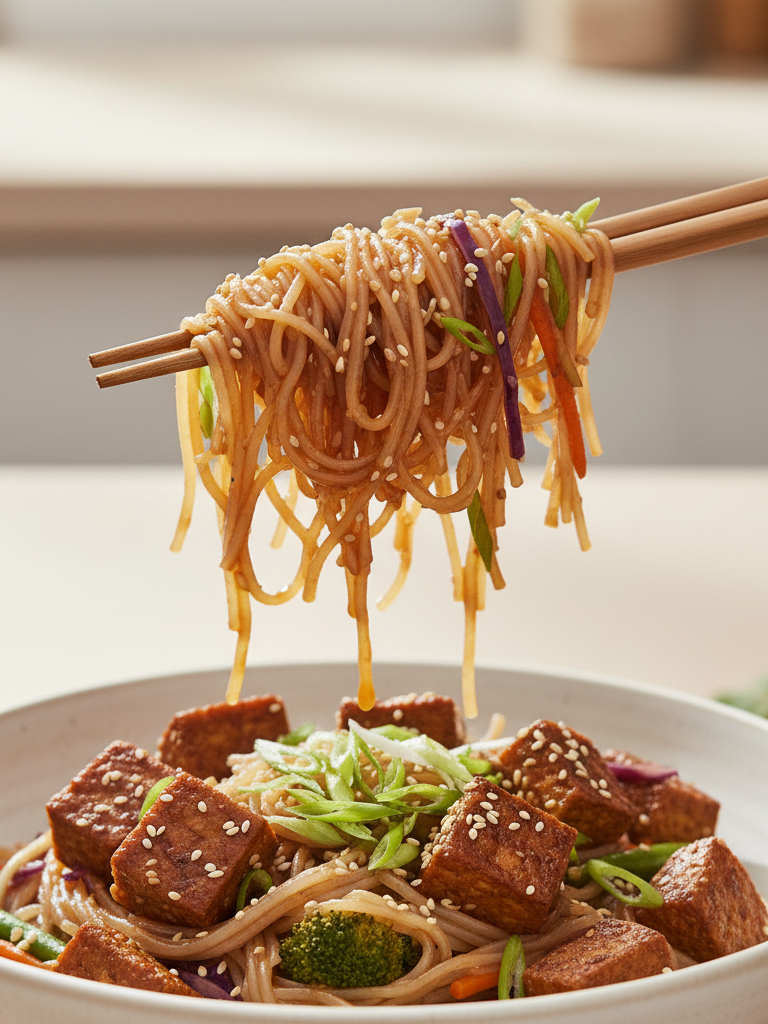 Close-up, slightly elevated shot of chopsticks lifting a tangled portion of noodles, tempeh, and vegetables from a white bowl of Tempeh Stir-Fry, showcasing the texture and juiciness of the dish.