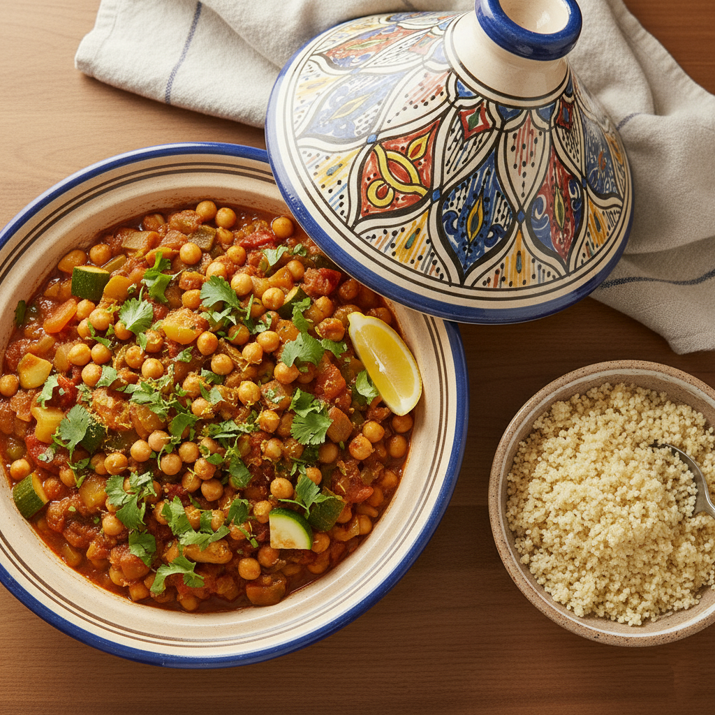 A finished Moroccan Chickpea & Vegetable Tagine in a decorative serving dish, garnished with fresh cilantro and lemon zest, with a lemon wedge and a side of whole-wheat couscous.