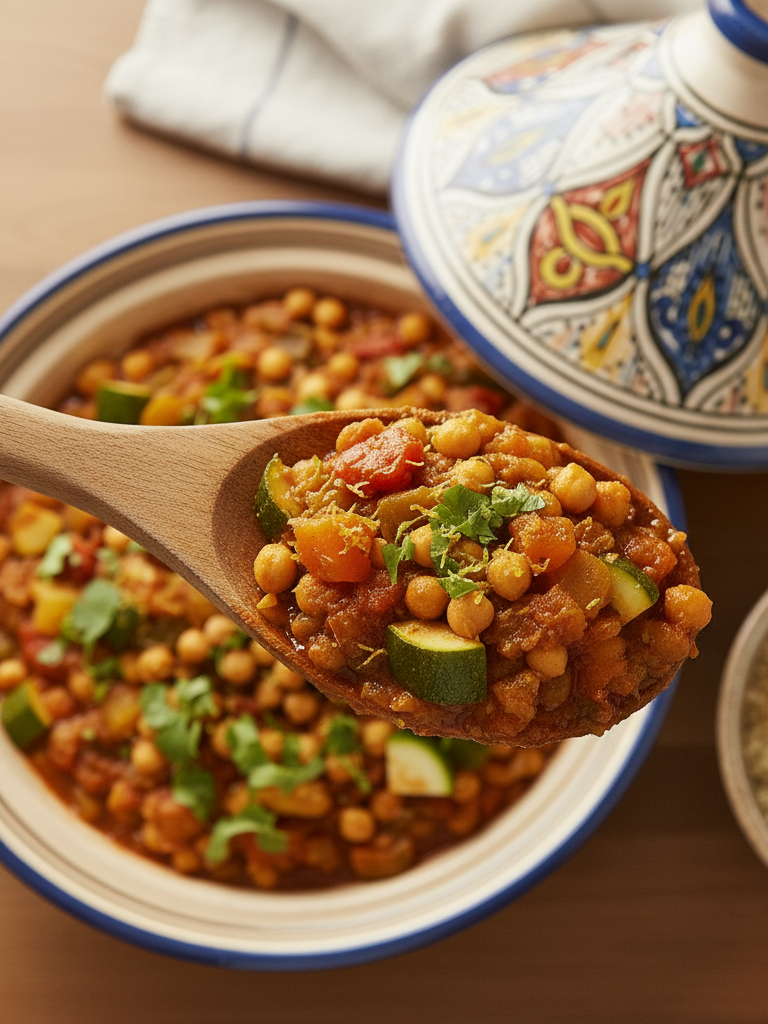 A wooden spoon holding a spoonful of Moroccan Chickpea & Vegetable Tagine, showing the texture of the chickpeas, zucchini, and sauce, with the main dish and couscous in the background.