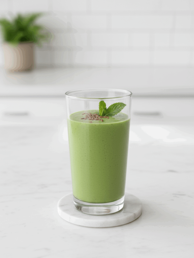 Beautifully styled close-up of the finished green gut reset smoothie in a clear glass, garnished with a mint leaf and flax seeds, on a white marble coaster and surface.