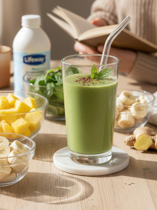 Professional hero shot with a cozy look, featuring a glass of the green gut reset smoothie with a glass straw, garnished with mint and flax seeds, surrounded by the recipe ingredients (pineapple, banana, spinach, kefir, ginger) on a wooden table, with a person reading a book in the background.