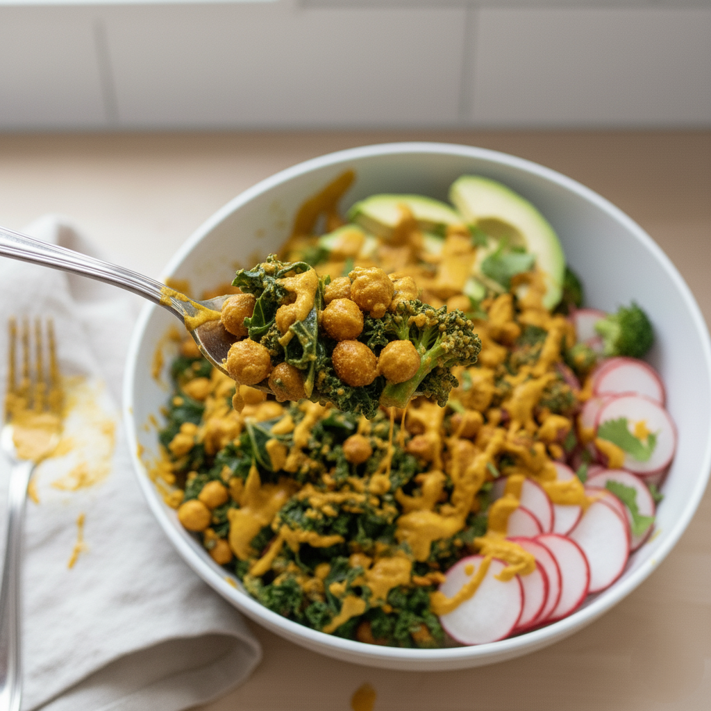 A close-up shot of a spoon lifting a mixture of kale, chickpeas, and broccoli coated in golden Turmeric-Tahini dressing from the power bowl, showing the mixed texture. The rest of the bowl with avocado, radishes, and pickled onions is visible in the background, along with a stained fork and napkin.