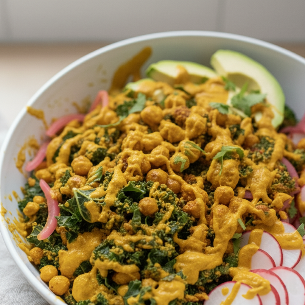 A close-up, slightly elevated shot of the mixed Nourishing Green Power Bowl, showing the kale, chickpeas, broccoli, avocado slices, bright pink quick-pickled red onions, and sliced radishes thoroughly coated in the golden Turmeric-Tahini dressing.