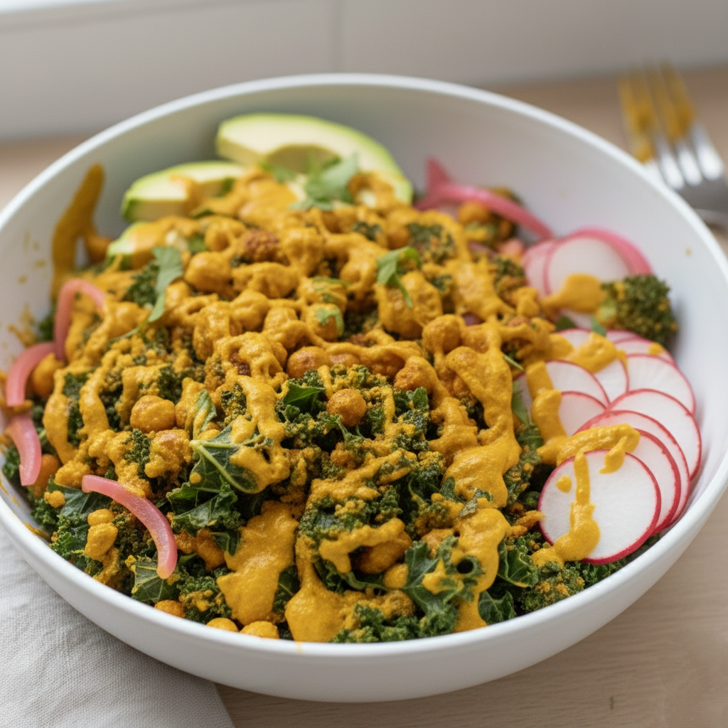 A slightly elevated, overhead shot of a wide, shallow, light ceramic bowl on a clean light wooden surface. The bowl contains a quinoa base, massaged kale, steamed broccoli florets, a visible scattering of golden-brown roasted chickpeas, sliced avocado, thinly sliced radishes, and bright pink quick-pickled red onions, all arranged in distinct sections.