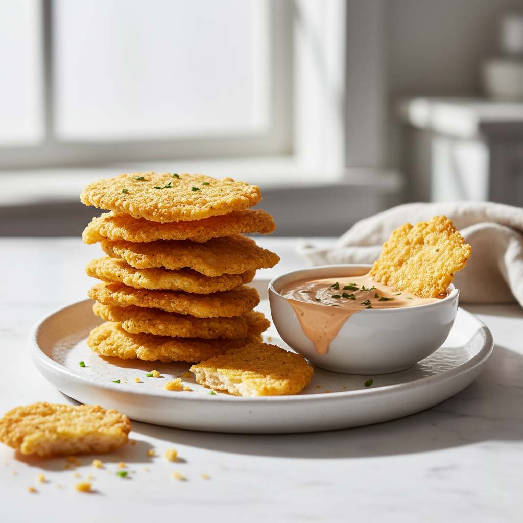 artfully arranged stack of golden, irregular crispy chicken chips, with a small bowl of a vibrant, creamy dipping sauce