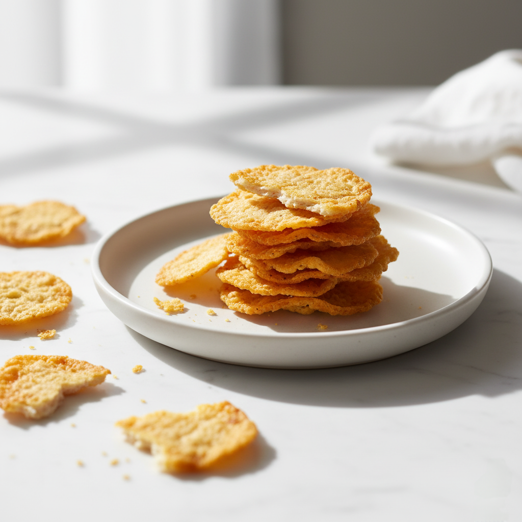 A small, elegant stack of broken, irregular-shaped golden crispy chicken chips piled on a medium white plate, styled with natural light.