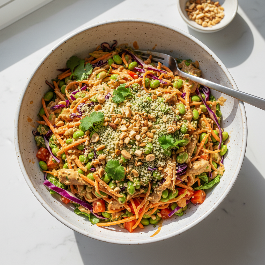 An overhead photograph of a finished Thai Crunch Salad in a ceramic bowl, generously coated in peanut dressing and topped with chopped peanuts, hemp seeds, and fresh cilantro.