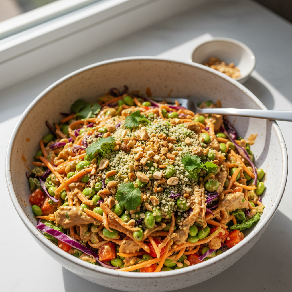 An closeup photograph of a finished Thai Crunch Salad in a ceramic bowl, generously coated in peanut dressing and topped with chopped peanuts, hemp seeds, and fresh cilantro.