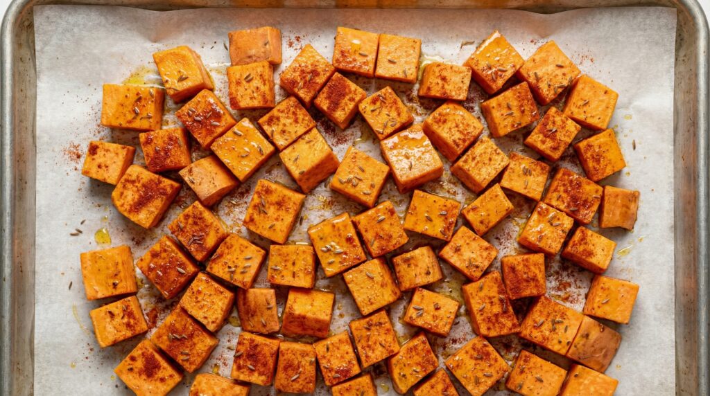 "Raw, cubed sweet potatoes seasoned with smoked paprika, cumin, and olive oil spread on a parchment-lined baking sheet, ready to be roasted for a healthy meal prep lunch."