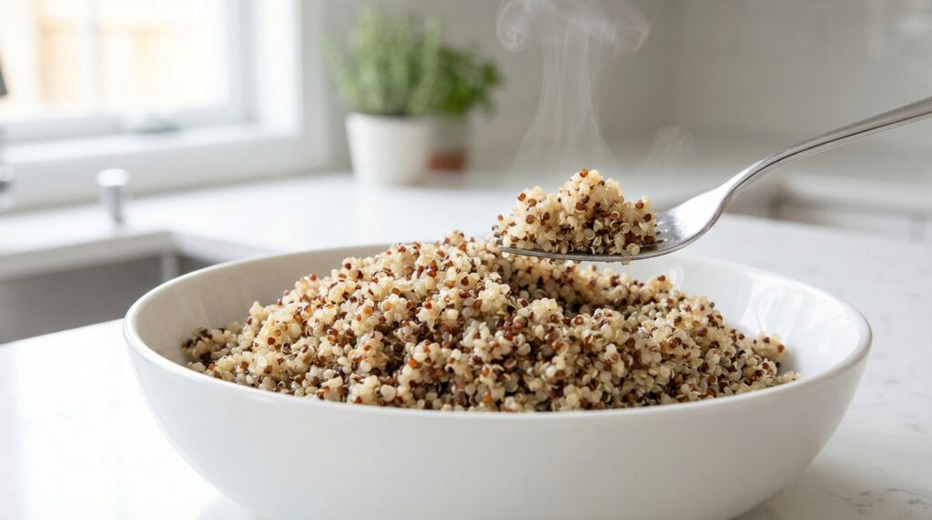 Perfectly cooked and fluffed tricolor quinoa in a white ceramic bowl, serving as a high-protein plant-based base for a power bowl.