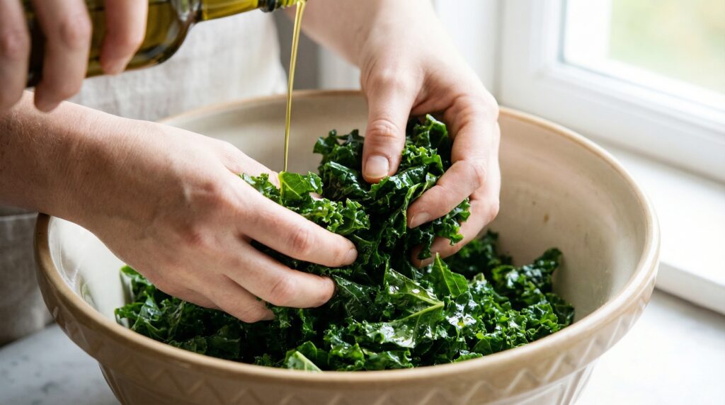 Hands massaging fresh chopped kale leaves with olive oil in a mixing bowl to soften the texture and make it more palatable for a nutrient-dense salad.