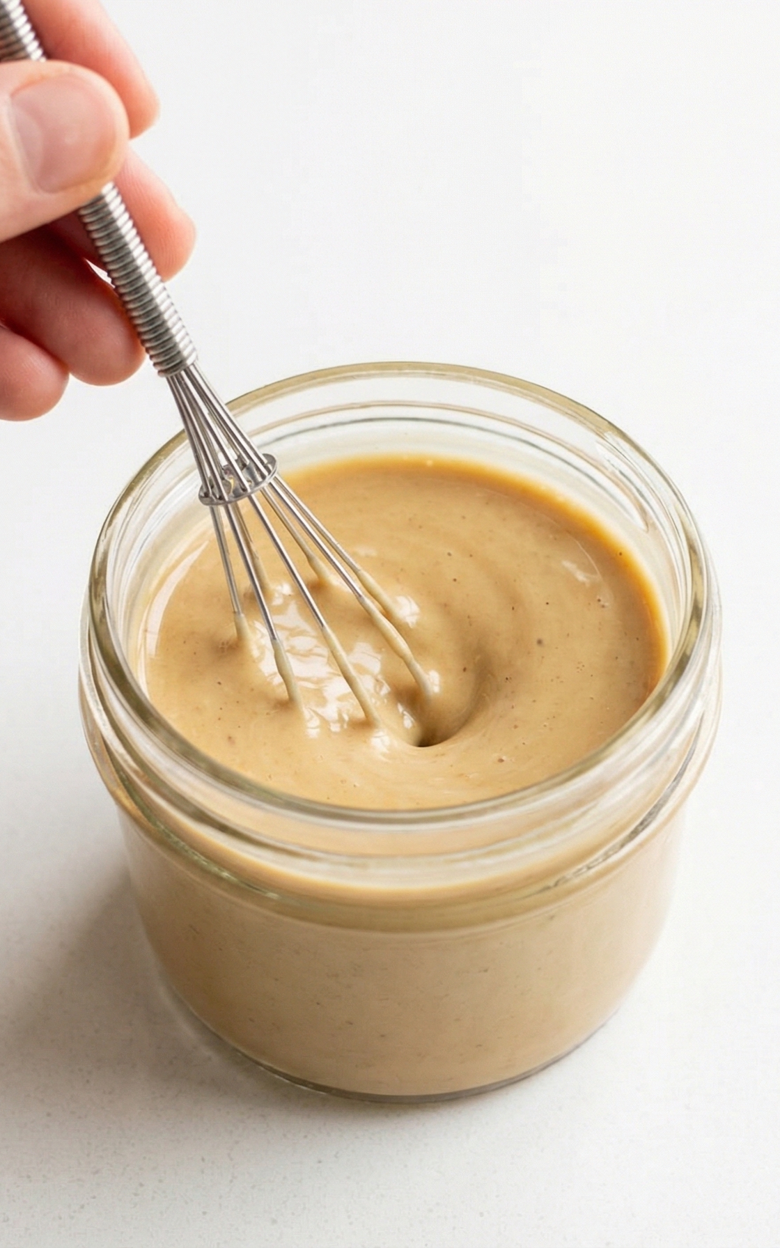Whisking a creamy maple-tahini dressing in a small glass container, creating a dairy-free vegan sauce for roasted vegetable bowls.