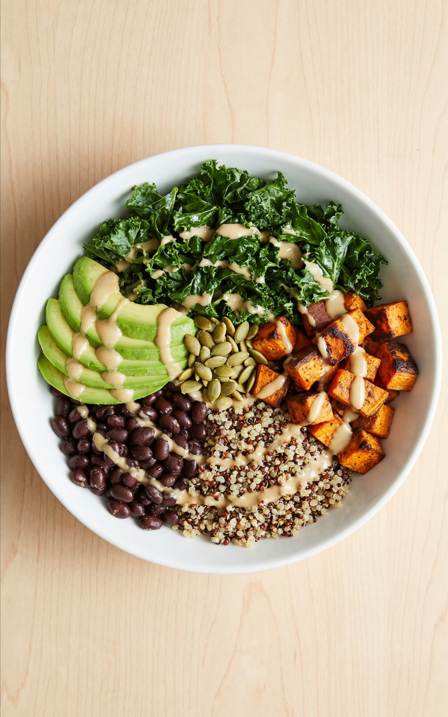 A fully assembled healthy power bowl featuring roasted sweet potatoes, quinoa, black beans, and perfectly fanned avocado slices, topped with pumpkin seeds.