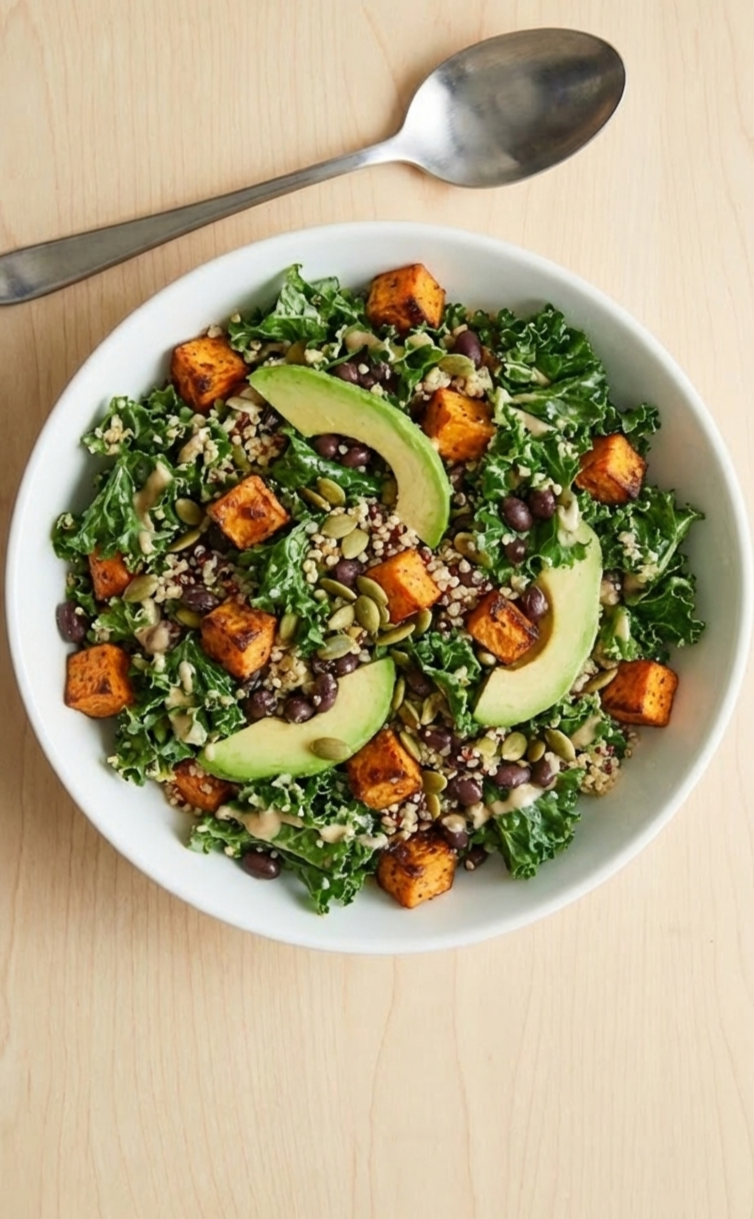 Wide overhead shot of a fully mixed roasted sweet potato and kale power bowl in a white ceramic bowl, ready to eat, with a serving spoon resting beside it on a wooden surface