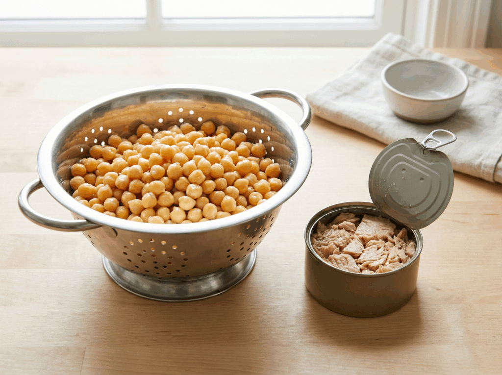 Rinsed chickpeas in a metal colander sitting next to an open can of tuna fish on a light wooden counter.