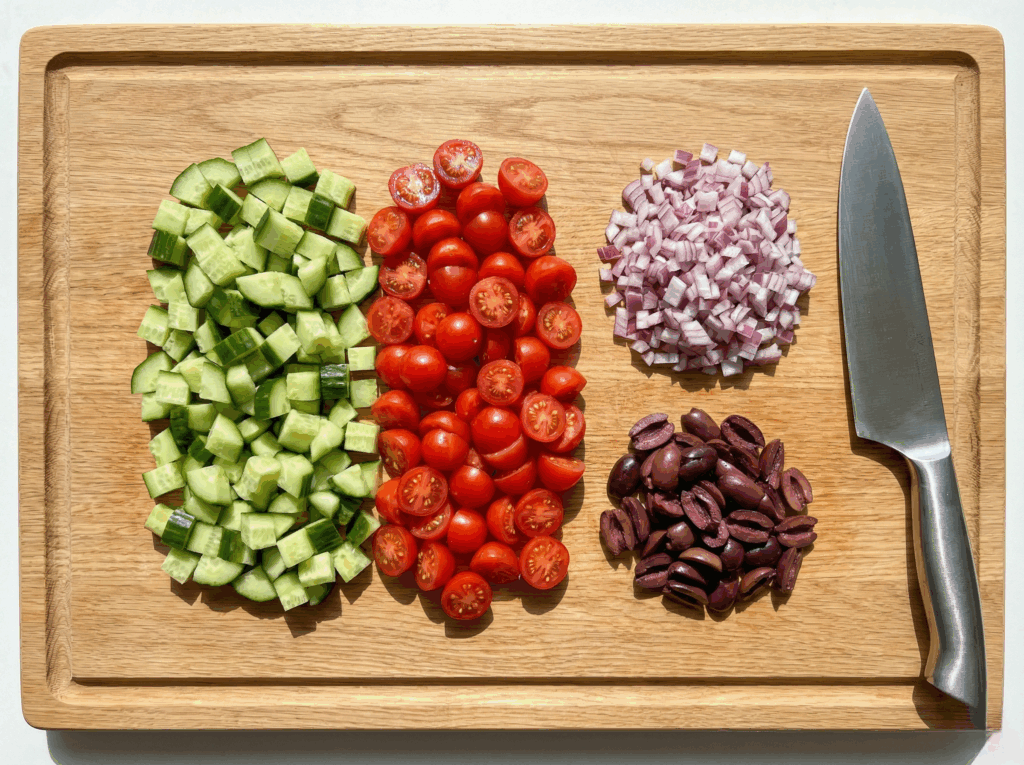 Overhead view of a wooden cutting board with neatly organized piles of chopped English cucumber, halved cherry tomatoes, diced red onion, and sliced Kalamata olives, next to a chef's knife.