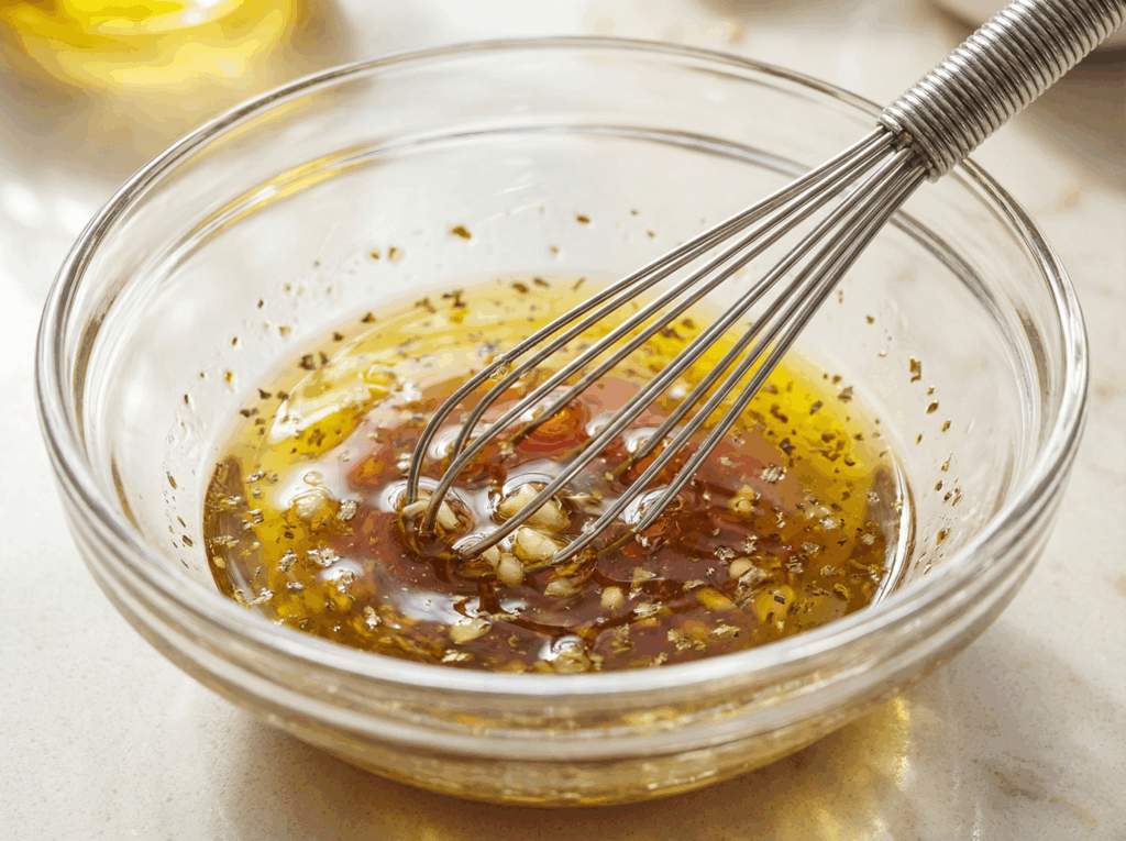 Close-up of a metal whisk vigorously mixing homemade Greek vinaigrette dressing in a clear glass bowl, showing herbs and garlic suspended in oil and vinegar.