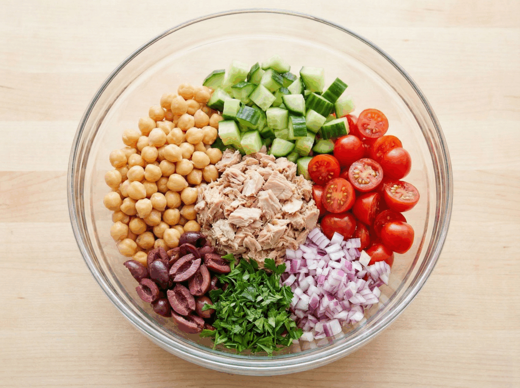Large glass mixing bowl showing distinct, colorful layers of tuna, chickpeas, chopped cucumbers, tomatoes, red onions, olives, and parsley before tossing.