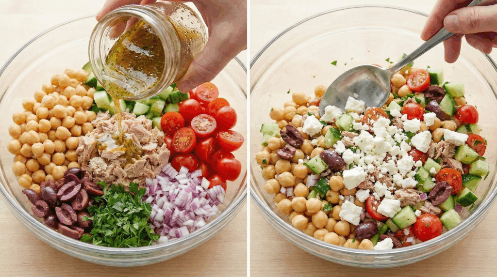 Two-panel photo collage demonstrating pouring golden Greek vinaigrette over the tuna chickpea salad ingredients and gently folding in crumbled feta cheese with a spoon.